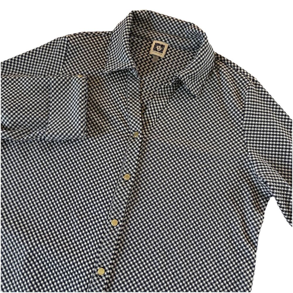 Anne Klein Checkerboard Navy & White 3/4 Sleeve Button Up Classic Shirt Sz Large